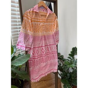 J McLaughlin Orange Pink Ikat Print Tunic Swim Cover Resort Dress  S 3/4 Sleeve